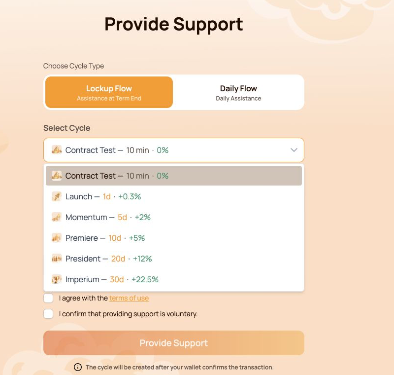 Lockup Flow form with all available cycle tariffs.