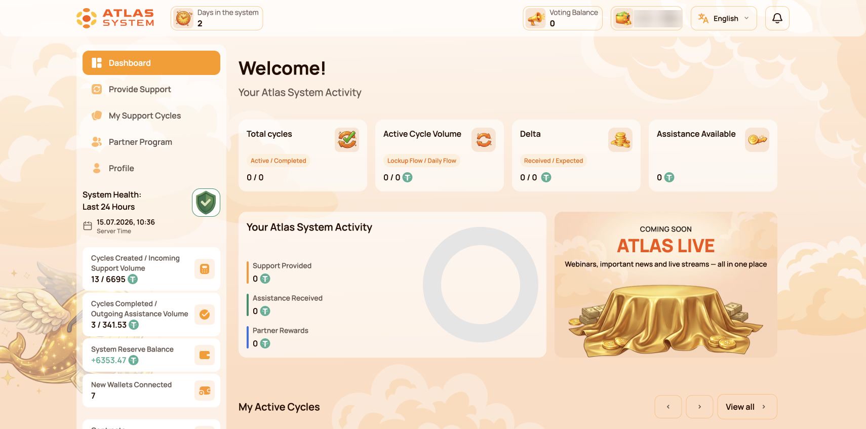 Atlas System dashboard with System Health indicators